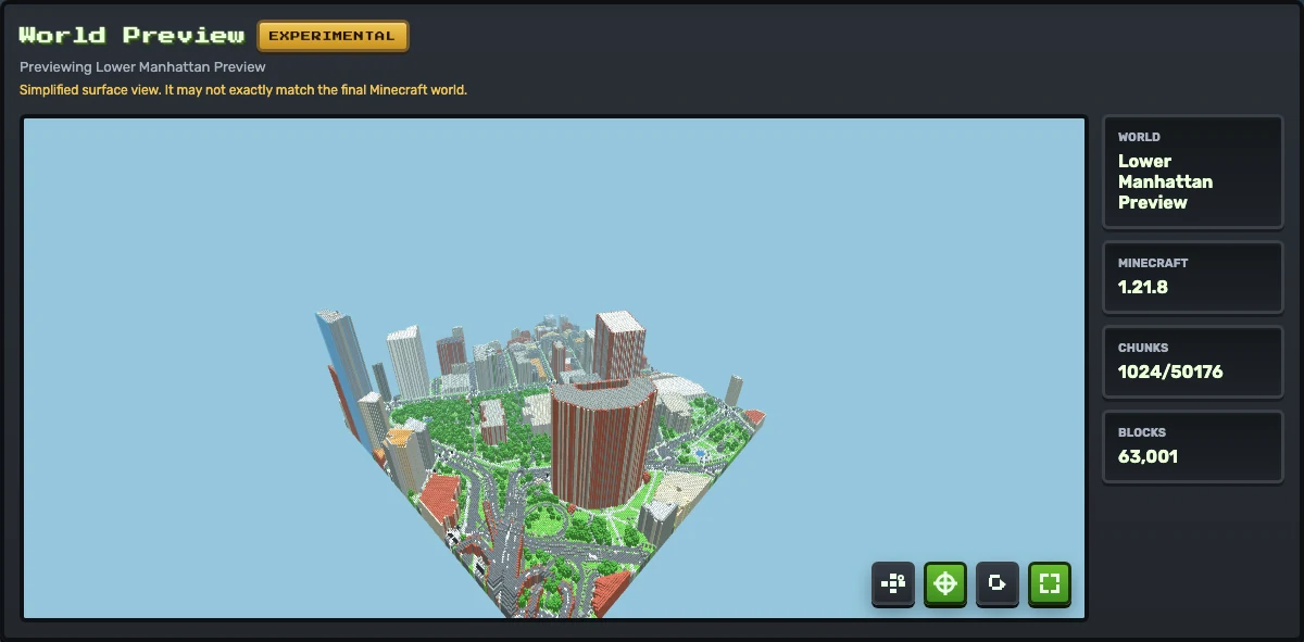Generated MaptoCraft preview of a Lower Manhattan Minecraft city world